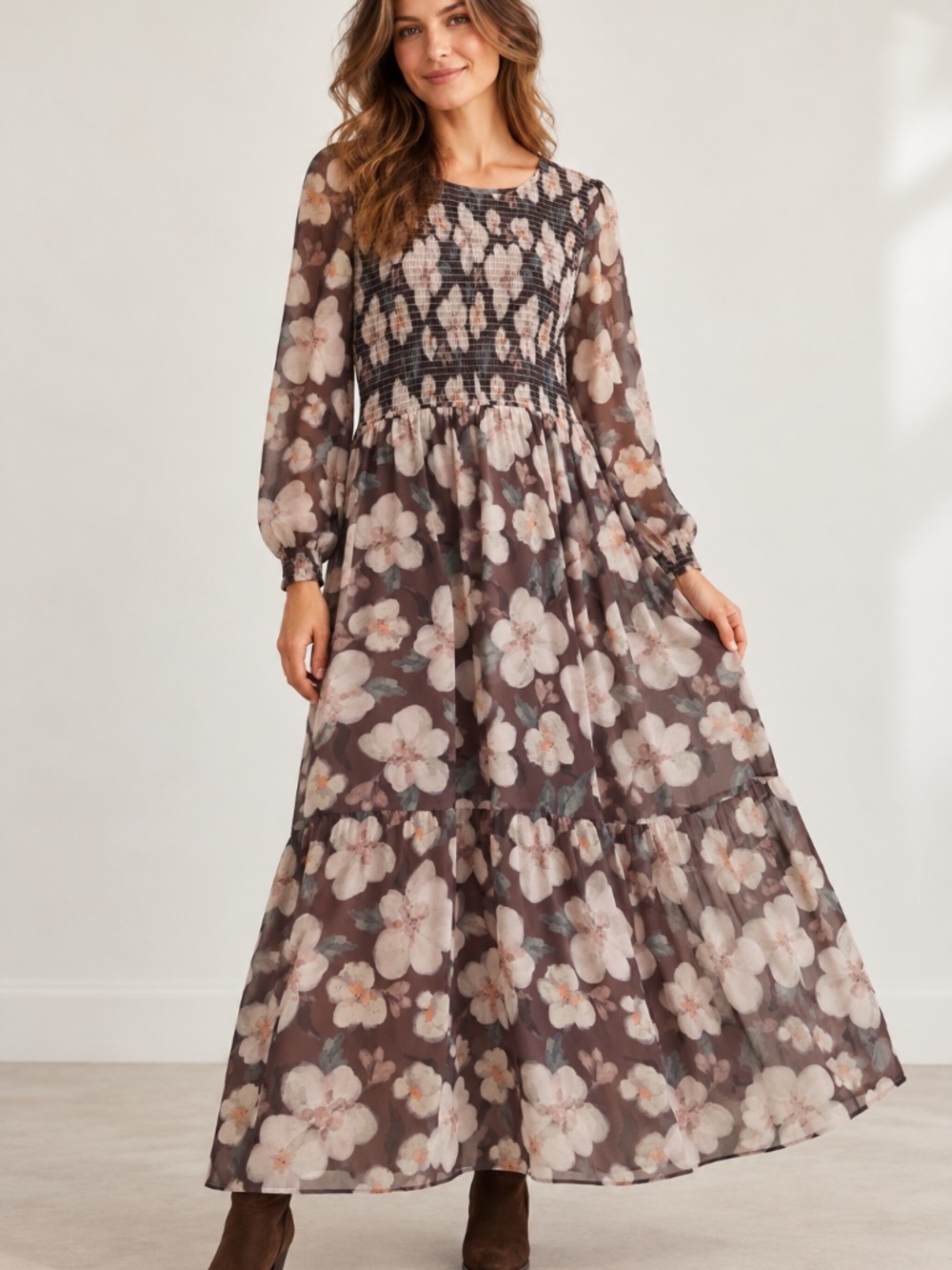 The Jilly Box maxi dress L floral brown smocked tiered cottage core prairie